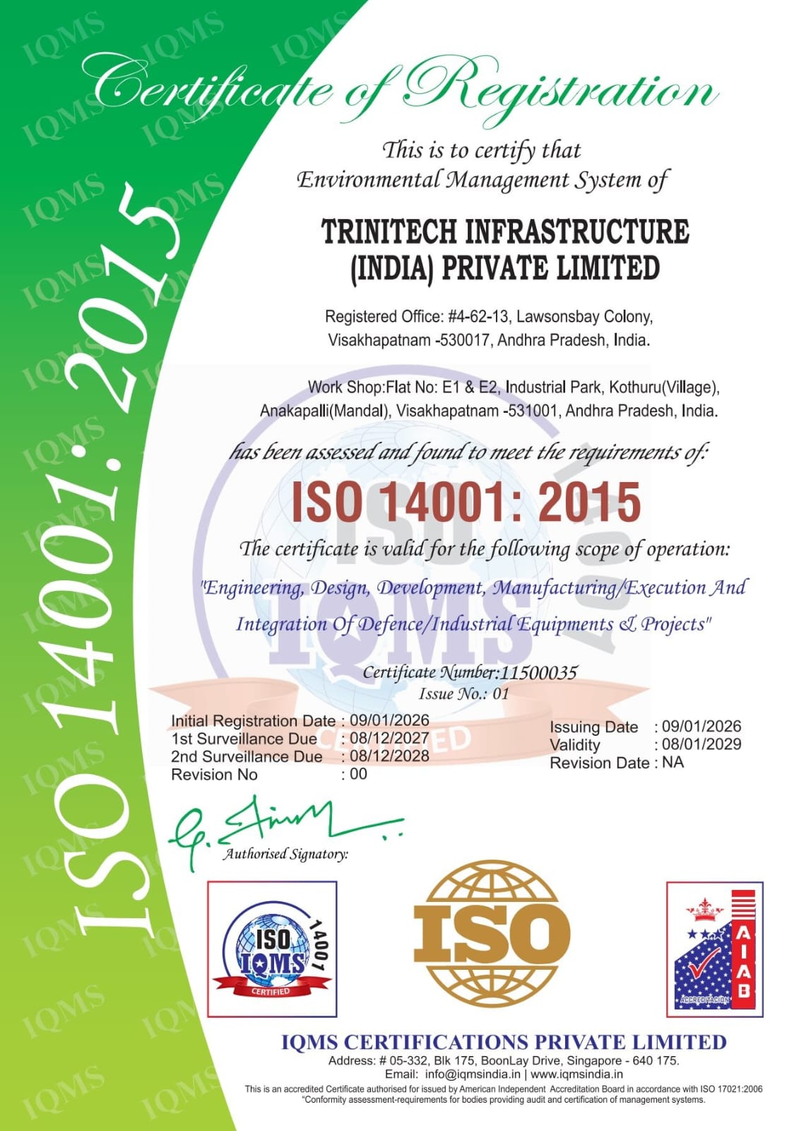 Trinitech ISO 14001:2015 environmental management system certificate